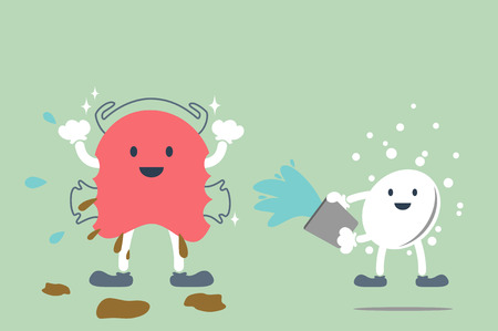 dental cartoon , orthodontic teeth retainer brace bracket cleaning by effervescent tabletsのイラスト素材