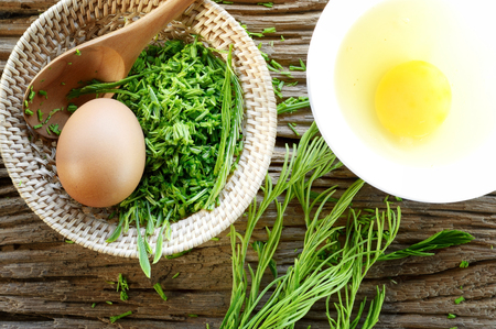 egg and acacia pennata prepare for omelet cooking, Thai cuisine - calls that cha-om omeletの写真素材