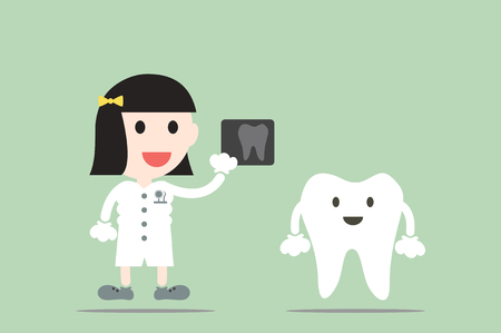tooth cartoon vector, female dentist hold dental x-ray film with happy teethのイラスト素材