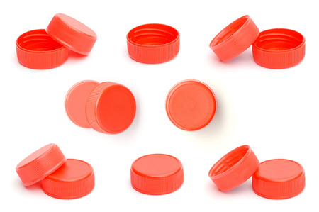 set of red plastic bottle cap isolated on white backgroundの写真素材