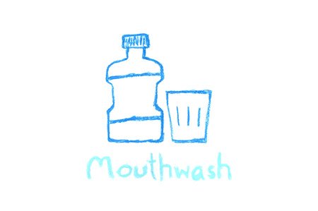 dental crayon drawing - mouthwash bottle and glassの写真素材
