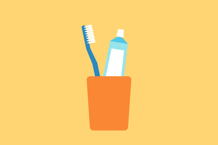 Dental cartoon vector, toothbrush and toothpaste in glass isolated on background, flat styleのイラスト素材