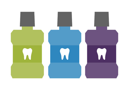 Dental cartoon vector, mouthwash bottle with a tooth on label isolated on white background. flat styleのイラスト素材