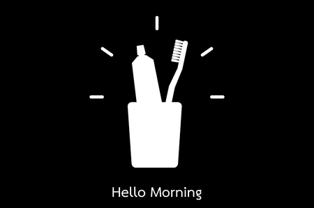 A dental cartoon vector, white toothbrush and toothpaste in glass isolated on black background, flat style - hello morningのイラスト素材