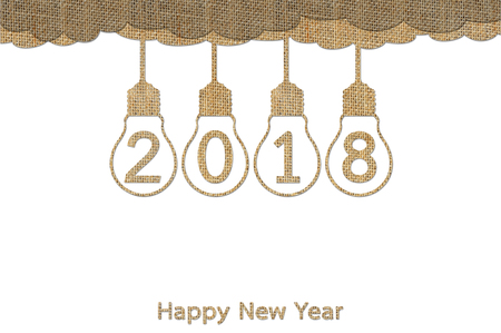 Happy New Year 2018 or Christmas background, lightbulb hanging on sky isolated on white made from sackcloth - creative for your designの写真素材