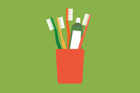 dental cartoon vector, toothbrush and toothpaste in glass isolated on background, flat style - hello morningのイラスト素材