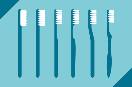 dental cartoon vector, set of different blue toothbrush isolated background. flat style for designのイラスト素材