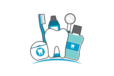 Healthy teeth family with toothbrush toothpaste mouthwash floss and dentist tool, dental care conceptのイラスト素材