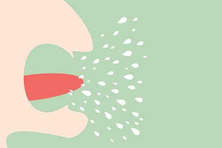 Dental cartoon vector flat style for design - closeup side view of open mouth and tongue with flying saliva, shout or yellのイラスト素材
