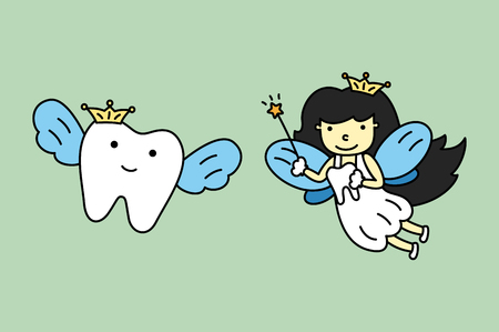 Cute tooth fairy flying with healthy teeth - dental. Cartoon vector flat style cute character for design.のイラスト素材