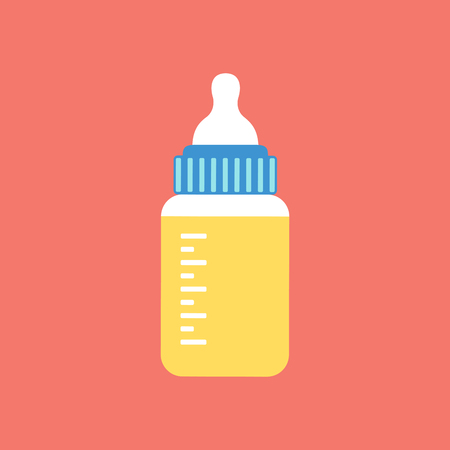 Baby milk bottle for kid isolated on pink background. Cartoon vector flat style for design.のイラスト素材