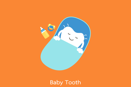 Dental cartoon vector, baby tooth sleep on blue bed with milk bottle and pacifier - first teeth concept, flat style for design.のイラスト素材
