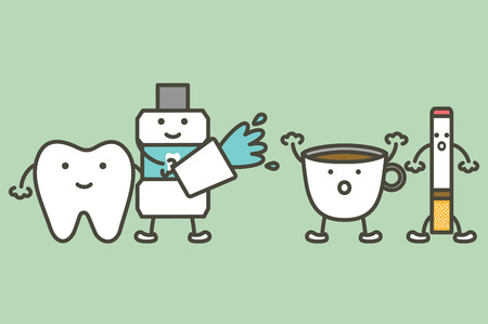Teeth cleaning by mouthwash to protection yellow tooth from coffee and cigarette stain - dental cartoon vector flat style cute character for design.のイラスト素材