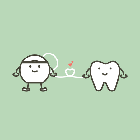 Healthy tooth and floss with heart preparing for cleaning teeth - dental cartoon vector flat style cute character for designのイラスト素材