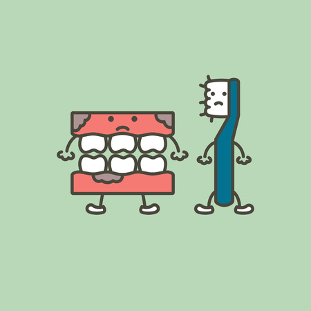 An old toothbrush and denture or false teeth vector flat style.のイラスト素材