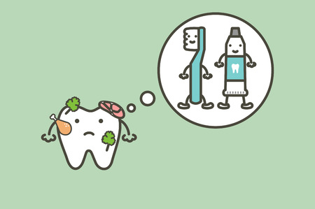 dirty tooth thinking of toothbrush and toothpaste, food stuck in teeth - dental cartoon vector flat style cute character for designのイラスト素材