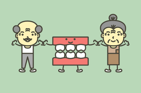 senior man and woman with denture or false teeth are smiling - dental cartoon vector flat style cute character for designのイラスト素材