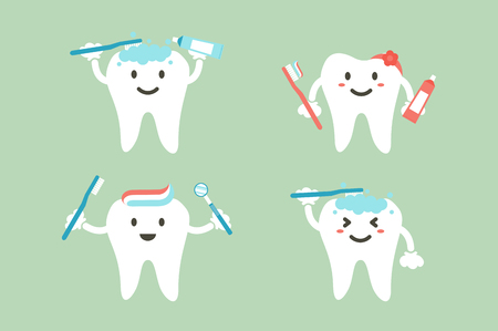 set of tooth is brushing teeth - dental cartoon vector flat style cute character for designのイラスト素材