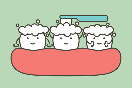 healthy white tooth and friend are brushing teeth - dental cartoon vector flat style cute character for designのイラスト素材