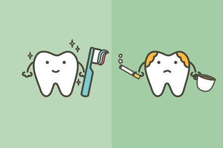 compare of healthy white tooth with brushing teeth and unhealthy yellow tooth with plaque from coffee and cigarette - dental cartoon vector flat style cute character for designのイラスト素材