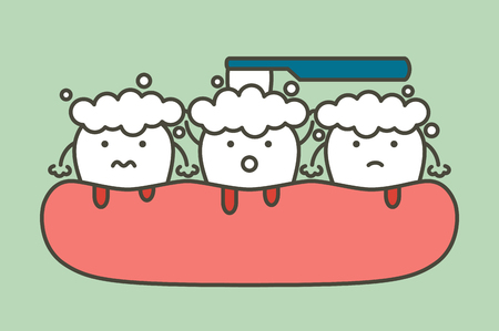 brushing teeth with bleeding on gum and tooth, gingivitis or scurvy concept - dental cartoon vector flat style cute character for designのイラスト素材