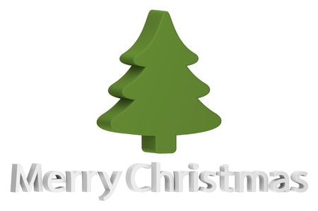 Christmas tree or conifer with text isolated on white for Merry Christmas or Happy New Year - cartoon 3d render flat style cute character for your creative designの写真素材