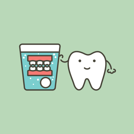 denture cleaning, tooth and false teeth with effervescent tablet in water glass - dental cartoon vector flat style cute character for designのイラスト素材