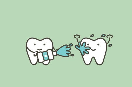 healthy teeth cleaning his friend by mouthwash, dental health care - tooth cartoon vector flat style cute character for designのイラスト素材