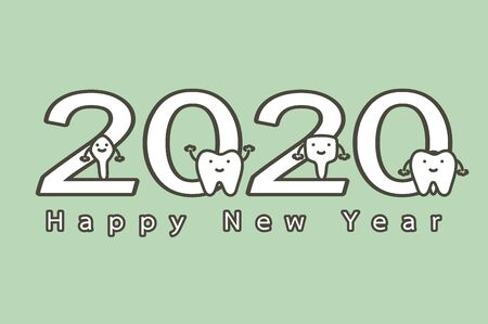 Happy New Year 2020, tooth with number and text - dental cartoon vector flat style cute character for designのイラスト素材