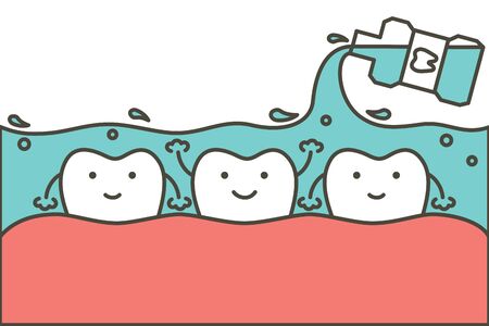 cleaning teeth by mouthwash, dental health care - tooth cartoon vector flat style cute character for designのイラスト素材