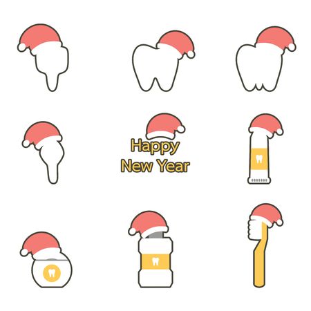 tooth, toothbrush, toothpaste, mouthwash and dental floss with santa claus hat for Merry Christmas and Happy New Year - teeth cartoon vector flat style cute character for designのイラスト素材