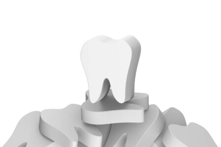 tooth stay on stack of teeth - dental cartoon 3d render flat style cute character for designの写真素材