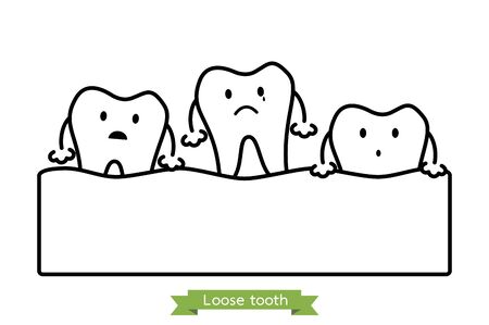 loose tooth, tooth is fall out of the gum - dental cartoon vector outline flat style cute character for designのイラスト素材