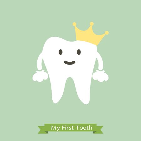 Baby first tooth, tooth is wearing golden crown - dental cartoon vector flat style cute character for designのイラスト素材