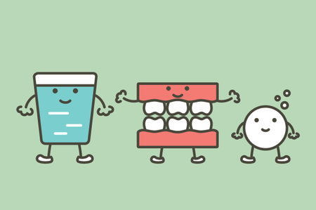 denture or false teeth with effervescent tablet and water glass for cleaning - dental cartoon vector flat style cute character for designのイラスト素材