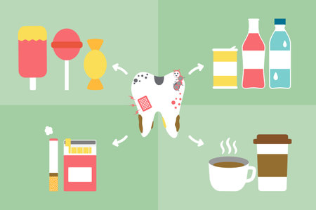 Bad thing for tooth have sweet, candy, ice cream, soft drink, coffee, cigarette and cold water (bad for dental health care and hygiene) - teeth cartoon vector flat style cute character for designのイラスト素材