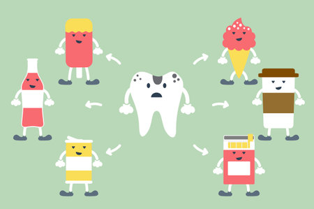 <p>Bad thing for tooth have sweet, candy, ice cream, soft drink, coffee, cigarette and cold water (bad for dental health care and hygiene) - teeth cartoon vector flat style cute character for design</p>のイラスト素材