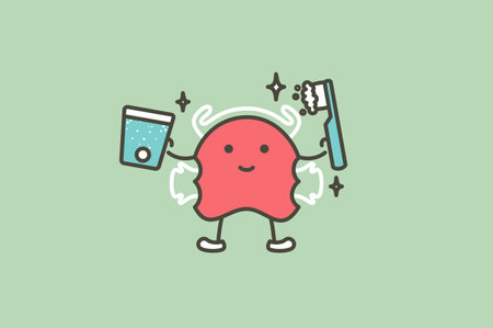Cleaning orthodontics teeth retainer or dental brace bracket by effervescent tablet, toothbrush and toothpaste - tooth cartoon vector flat style cute character for designのイラスト素材