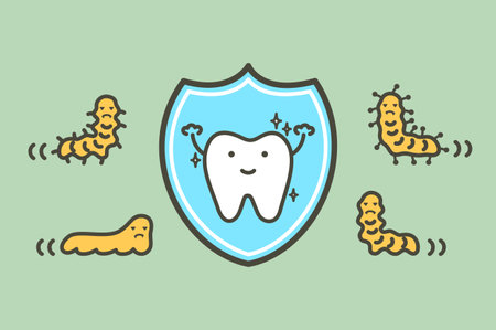 Healthy tooth by protection bacteria, microbe or virus by shield - dental cartoon vector flat style cute character for designのイラスト素材