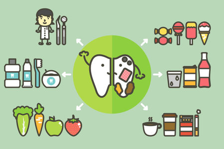 Compare healthy and unhealthy tooth, good friend and bad thing for dental health care and hygiene - teeth cartoon vector flat style cute character for designのイラスト素材