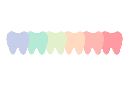 A row of teeth of multi colors or rainbow - dental cartoon vector flat style cute character for designのイラスト素材