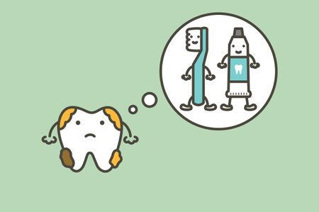 dirty tooth with dental plaque thinking of toothbrush and toothpaste - teeth cartoon vector flat style cute character for designのイラスト素材