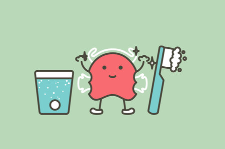 Cleaning orthodontics teeth retainer or dental brace bracket by effervescent tablet, toothbrush and toothpaste - tooth cartoon vector flat style cute character for designのイラスト素材