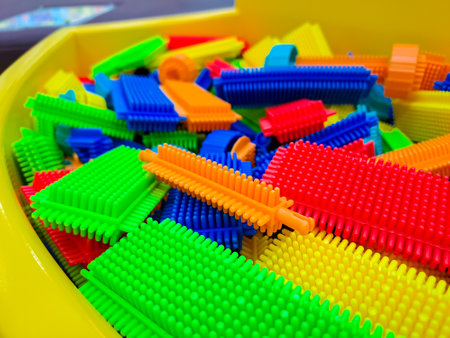 Multicolored interlocking learning blocks. Educational tool or toy for building and creating to improve creativity of kidsの写真素材