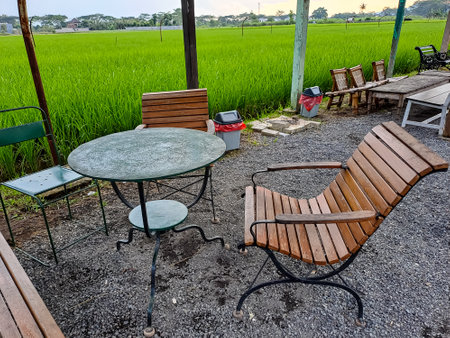 Wooden bench and table in the backyard, near the rice fields, suitable for relaxing to enjoy the natureの写真素材