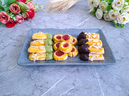 Kinds of homemade cookies served on the table, snack time