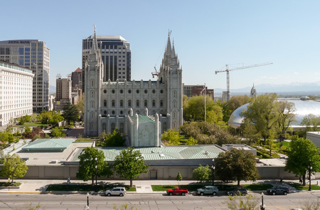 Salt Lake City, UT, USA - May 13, 2008: View at the Temple Square with the Salt Lake Temple in center and Salt Lake Tabernacle at right.のeditorial素材