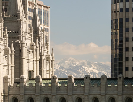 Salt Lake City, UT, USA - May 13, 2008: View at the Salt Lake Temple with snowy mountains at background.のeditorial素材