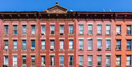 Brooklyn, New York - August 29, 2014: Front of residential brick house at Manhattan Ave in Greenpoint.のeditorial素材
