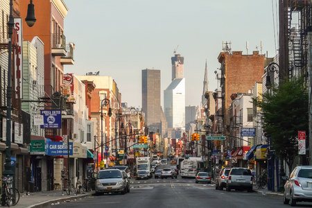 Brooklyn, New York - August 16, 2014: Greenpoint's Manhattan Ave with Manhattan skyscrapers.のeditorial素材